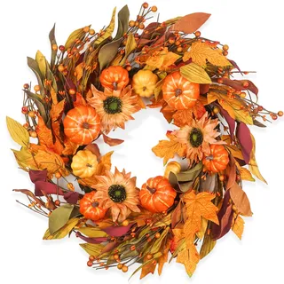 Herbstkränze für Haustür, 55,9 cm, Herbstkranz mit Beerenkürbis, Ahornblättern, Erntedankfest-Dekorationen für drinnen und draußen