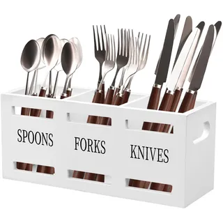 GAESHOW Besteckhalter Holz, Besteckhalter Tisch, Besteck Organizer mit 3 Fächern, Besteckständer für Küchenmesser, Besteck, Löffel (Weiß)