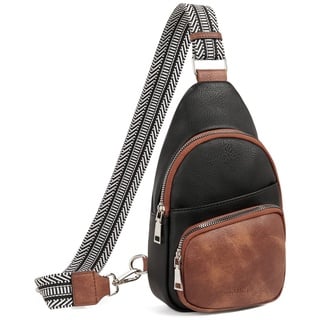 CLUCI Klein Brusttasche Damen Crossbody Bag, Sling Bag PU Leder für Damen und Herren, kleine Umhängetasche Sport,Bauchtasche Gürteltasche Breiter Gurt für Outdoor Reisen Schwarz mit Braun