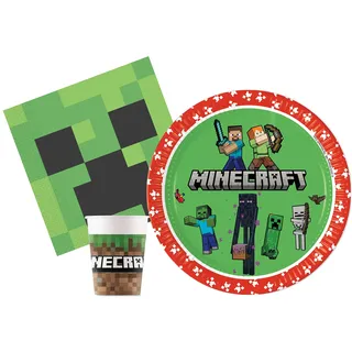 Partygeschirr Party-Set Minecraft für 8 Personen (36 pcs: 8 Pappteller Ø23cm, 8 Becher 200ml, 20 Servietten 33x33cm) aus eco-friendly kompostierbarem FSC Papier