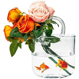 Duscdesp Vase Glas Handtasche Groß, Klare Vasen Bunt Handgemachte Blumenvase, Dekorative Glasvase Gross Vase Aesthetic, Tasche Glasvasen mit Griff für Langstielige Blumen, Obst, Fische (Transparente)