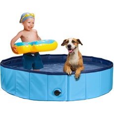 Stabiler Hundepool | Planschbecken für Hunde | Faltbarer Pool mit Ablassventil | rutschfeste Badewanne | Bällebad Kinder | Bälle Bad inkl. Badebürste & Reparaturset - Dog Pool 160x30 (Blue)