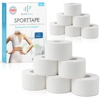 Health Press Sporttape - 12 Tape Rollen (3,8cm x 10m) - Sporttape weiß - reißbares Profi Sport Tape - Sport Tapeverband für alle Sportarten