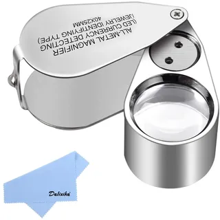 Delixike Juwelierslupe, 40-fache Vergrößerung, aus Metall, Faltlupe mit LED- und UV-Licht, Lupe für Diamanten, Juweliere, Münzen, Briefmarken (Währungserkennung/Schmuckkennzeichnung)