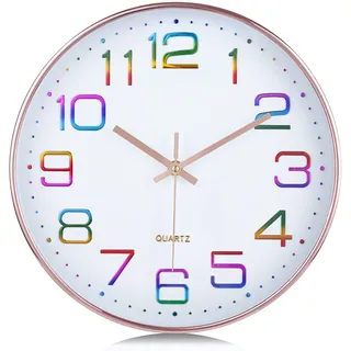 Lafocuse 3D Ziffern Bunt Lautlos Wanduhr Rosegold, 30cm Modern Ohne Tickgeräusche, Leicht zu Lesen Wanduhr Analog Deko für Wohnzimmer Küche Schule Kinderzimmer