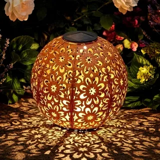 Solar Gartenkugel aus Metall in Rost-Optik - Ø 20 cm - LED Garten Deko Kugel mit Erdspieß - Kugelleuchte Dekoleuchte