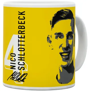 Borussia Dortmund BVB Tasse Spieler Schlotterbeck Fanartikel, 22701700, Gelb-weiße, 0,4 Liter, Steingut