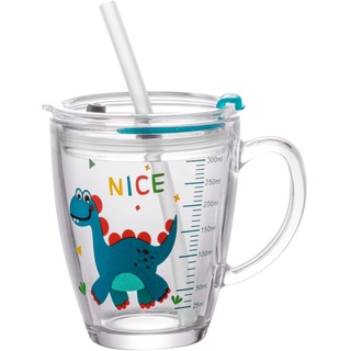 Glas Kinder Wasserbecher 300ml Becher Trinkbecher mit Stroh Trinkglas mit Deckel Messbecher Mikrowellengeeignet Wasserglas Hitzebeständig Saftglas Jungen Mädchen Getränkebecher für Milch Wasser