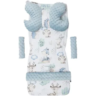 Medi Partners Sitzauflage Kinderwagen Buggy Baby Sommer Kindersitz Einlage Universal - 5tgl Gurtpolster + Spielbogen Kinderwagenset Babyschale (Hirsch und Igel mit Hellblau Minky)