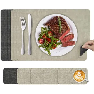 KitchenBoss Platzsets Abwaschbar Tischsets Abwaschbar Platzdeckchen und Untersetzer Doppelseitig Tischset für Esstische und Schreibtische(Grau Beige,6 Set) 43x30cm