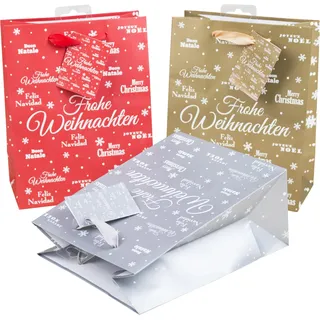 heku Geschenktaschen-Set, Glitter 'Merry X-Mas' Design I 24 Stück in 3 Farben (Rot, Gold, Silber) I Praktische Größe (23x18x10 cm) I Inklusive kleinem Klappkärtchen für persönliche Nachrichten
