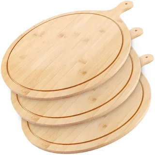 LOLYSIC 3 Stück Pizzateller Holz, Groß Pizzabrett rund mit Griff, Pizzateller 33cm, Schneidebrett Rund, Pizza Bambusbrett Schneidebrett Pizza Holzbrett für Westliches Essen, Küche, Hotel, Restaurant
