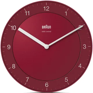 Braun Klassische Funkwanduhr Mitteleuropäische Zeitzone (MEZ/GMT+1) mit ruhigem Uhrwerk, leicht lesbarem Zifferblatt mit 20 cm Durchmesser in Rot, Modell BC06R-DCF.