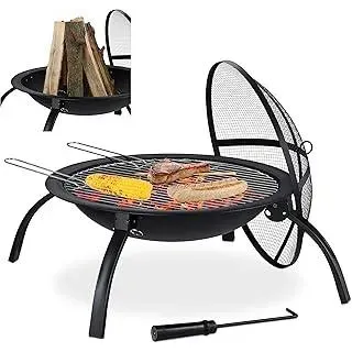 XL Feuerschale, Grill Rost, Schürhaken, Funkenschutz Deckel, Garten, Terrasse, Feuerstelle D 56,5 cm, schwarz