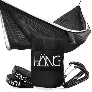 HÄNG XXL Hängematte 300 x 170 cm Outdoor für 2 Personen - Wetterfest & Ultraleicht (850 g), 200 kg Belastbarkeit - aus Fallschirmseide für Camping, Reise & Garten inkl. Befestigungsset - Black/White