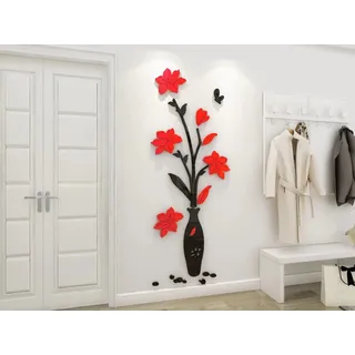 3D Blumen Wandaufkleber Vase Spiegel DIY Wandtattoo Art Bunt Wohnkultur Selbstklebende Aufkleber für Wohnzimmer Schlafzimmer Kinderzimmer Kreative Romantische Deko Flur Mural-E