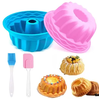 Gugelhupfform Silikon, 2 Stück Backform Ø 16.5 cm Gugelhupf Kuchenform Hochwertige Silikon-Kuchenform, Wiederverwendbare Bundform und 1 Spateln 1 Bürste für Kuchen Brot(Blau, Rosa)