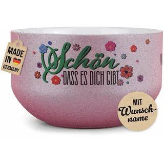 Print Royal PR Glitzer Müslischale mit Name selbst gestalten - Schön, dass es dich gibt - Personalisiertes Geschenk zum Geburtstag, Danke sagen - Keramik, Pink 500 ml