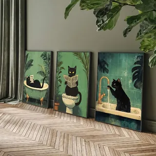 3er Retro Poster Set, Abstraktes und skurriles Badezimmer mit schwarzer Katze, Vintage-Tier-Dekorationskunstwerk, Retro-Dekor Bilder Toiletten- und Badezimmerbilder Grüne Dekor Bilder (50x70 cm)