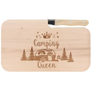 Spruchreif | Brotzeitbrett mit Messer "Camping Queen" – Graviertes Holzbrett mit Camper-Motiv | Lustiges Geschenk für Frauen & Campingliebhaberinnen