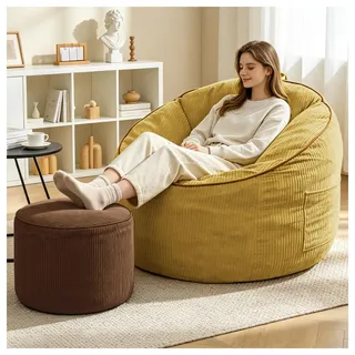 okwish Loungesessel Relaxsessel 1 Sitzer mit Seitentasche und passendem zylindrischem Hocker Ergonomischer, gebogener Sitzsack Gelb - Gelb
