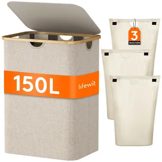 Lifewit 150L Wäschekorb mit Deckel, Wäschesammler mit Deckel, Wäschekorb Wäschesortierer 3 Fächer, Wäsche Sortiersystem Laundry Baskets mit Bambusgriffen und 3 Abnehmbarem Wäschesack, Beige