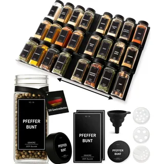 Greeano® Gewürzgläser mit Regal [24 x 120ml] inkl. 300 Gewürzetiketten [DE] - Gewürzregal mit Gläsern - Gewürz Organizer Schublade - Gewürzregal Schublade mit Gläsern Gewurzregalsystem Schwarz