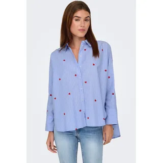 Hemdbluse ONLY "ONLNEW LINA GRACE LS STRIPE EMB SHIRT", Damen, Gr. L, moonlight blau detail:stripewith rot heart emb, Web, Obermaterial: 85% Polyester, 15% Baumwolle, bestickt, gestreift, Po-bedeckend, Blusen Hemdbluse