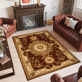 TAPISO Yesemek Teppich Klassisch Kurzflor Wohnzimmer Orientalisch Floral Ziegler Medaillon Muster Braun Beige Orientteppich Barock Design ÖKOTEX 70 x 140 cm