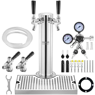 VEVOR Kegerator-Turm-Kit, Bier-Umrüstsatz mit 2 Zapfhähnen, Bier-Turmspender aus Edelstahl mit Doppelmessgerät W21.8-Regler und S-System-Fasskupplung, Bier-Tropfschale für Partys zu Hause