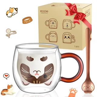 ecooe Katzen Tasse Süße Doppelwandige Gläser 280ml Latte Macchiato Gläser Cappuccino Tassen Katze Kaffeetasse Doppelwandig Kaffeeglas Teegläser Geburtstag Valentinstag Geschenke für Frauen Kinder