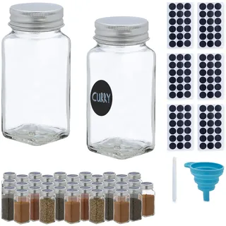 Relaxdays Gewürzgläser 36er Set, Streueinsatz, Gewürzdosen Glas, 120ml, inkl. Etiketten, Stift & Trichter, transparent,