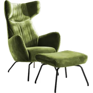 KAWOLA Sessel LOTTE Ohrensessel velvet olivgrün mit Hocker - Grün