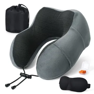 SOMLAW Nackenkissen Flugzeug - Reisekissen Memory Foam - Nackenhörnchen Erwachsene - mit 3D-Schlafmaske und Ohrstöpsel - Ideal für Flugzeugstuhl, Auto, Zuhause, Büro, Schlafkissen
