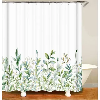 M&W DAS DESIGN Duschvorhang Vintage Garden Plants Pflanzen Textil gelb grün Natur Wachstum Vorhang Ruhe Schimmelresistent Blätter Farbfest inkl. 12 C-Ringe Gewicht unten Badzimmer