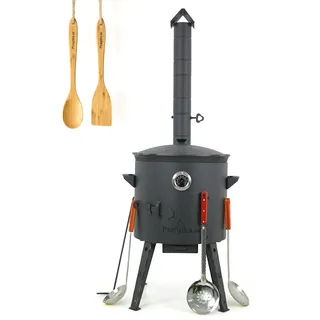 Utschak Feuerofen mit Thermometer Gusseisen Topf Kazan runder Boden mit Deckel (12 L) 2 Schaumlöffel 48 cm Schöpfkelle 48 cm Löffel und Spatel 35 cm, Учаг, Camping, Kasan, Dutch Oven (Set 5)