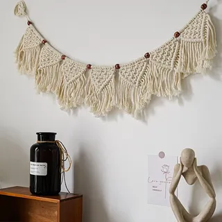 ANAZOZ Makramee Wandbehang Groß, Wandbehang Boho Deko Wimpel Makramee Wandteppich Baumwolle Gewebte Beige - Makramee Girlande Mit Kurzem Quasten 110cm Lang