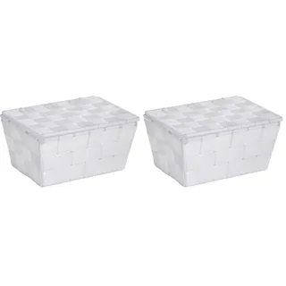 WENKO Aufbewahrungskorb mit Deckel Adria Weiß - Badkorb Fassungsvermögen: 2.164 l, Polypropylen, 19 x 10 x 14 cm, Weiß (Packung mit 2)