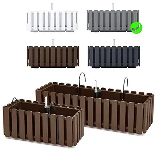 Blumenkasten Blumentopf Balkonkasten Latten-Optik mit Halterungen Wasserspeicher Pflanzkasten Pflanzgefäß inkl. Aufhängung Lattenzaun-Design UV- & Frostbeständiger Übertop (580 Grau)