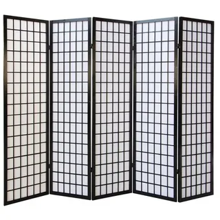 Homestyle4u 166, Paravent Raumteiler 5 teilig Holz Schwarz Sichtschutz Raumtrenner Reispapier Weiß Höhe 175 cm