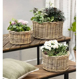 3x Outdoor Pflanzkorb "Koboo Grey" Ø 26 32 40 cm, Rattan Blumentopf | Pflanzkübel, Pflanztopf geflochten für Draußen, Blumenkübel, Korb