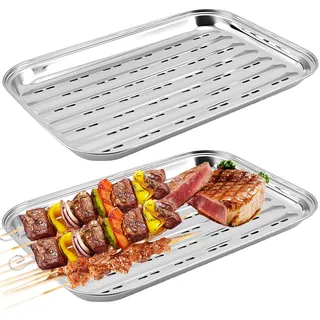 Demlaka 2 Stück BBQ Grillschalen Aus Edelstahl: 34,9 X 24,5 X 2,7cm Grillschale Wiederverwendbar, Wiederverwendbare Grillkorb Gemüsekorb, Grillzubehör für Gemüse, Fisch Oder Fleisch Grillpfanne