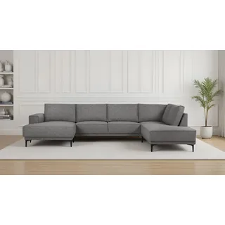 OTTO home Wohnlandschaft »XXL Sofa Oland, Struktur, Flachgewebe, Luxus-Microfaser, Boucle« U-Form, 345 cm, Wellenunterfederung, Skandi-Design, Metallfüße, braun