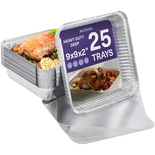 MATANA - 25 Einweg Aluschalen, Grillschalen Aluminium mit Deckel, Einweg-Backform, (M) 24 x 24 cm - Perfekt zum Backen, Braten & Kochen - Schwerlast, Ofen Sicher & Wasserdicht