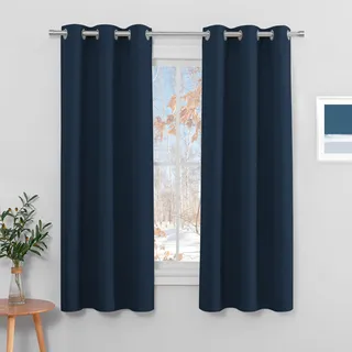 PONY DANCE Blickdichte Gardinen mit Ösen 2er Set Thermo Vorhänge Blickdicht Dunkelblau Kurze Gardinen Wohnzimmer Modern Blackout Curtains, H 158 x B 106 cm