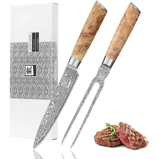 Zayiko Kinone Damast 2er Tranchier-Set I 17-18 cm Klingen I Wurzelholzgriffe Birke