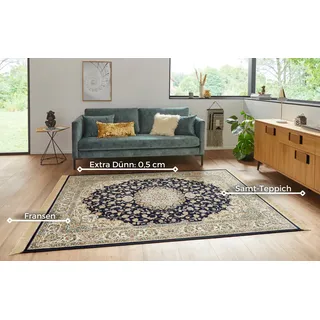 Naveh Orient Wohnzimmerteppich Kurzflor mit Fransen Vintage Orientalischer Samt-Teppich für Esszimmer, Wohnzimmer, Schlafzimmer Creme, 135x195cm, Rayon, Dunkelblau Grün, 135x195 cm