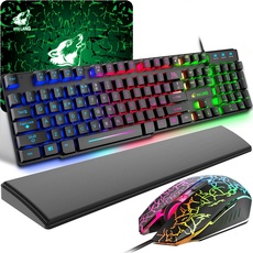 Gaming Tastatur und Maus mit Handgelenkauflage, USB Verkabelt IT Layout Regenbogen LED Hintergrundbeleuchtung Ergonomische Keyboard 6 Tasten 2400 DPI Maus und Mauspad für Windows Mac PS4, Schwarz