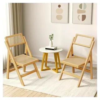 2er Set Esszimmerstühle, klappbare Küchenstühle ohne Armlehne, Vintage Rattan Stühle in Naturfarben, 2 Stück - Beige