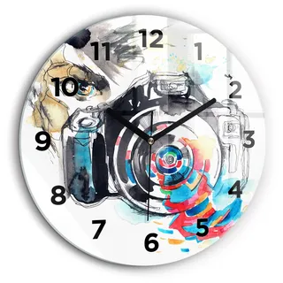Wallfluent Große Wanduhr – Stilles Quarzuhrwerk - Uhr Dekoration Wohnzimmer Schlafzimmer Küche - Zifferblatt - schwarze Zeiger - 60 cm - Fotografin - Blau